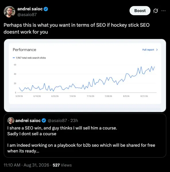 Screenshot of a post on X by Andrei Saioc showing a steady organic growth curve