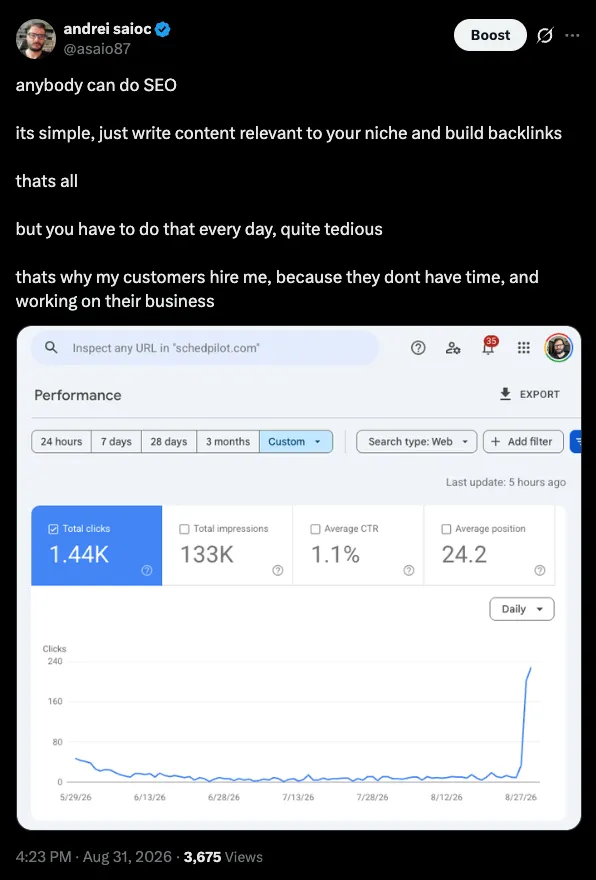 Screenshot of a post on X by Andrei Saioc showing the schedpilot.com Search Console results